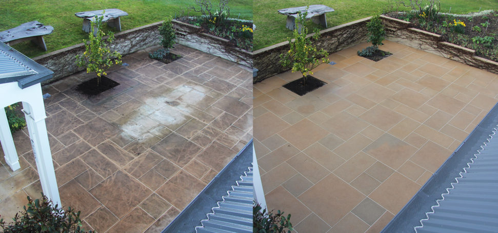 Before and after of a dirty and cleaned courtyard